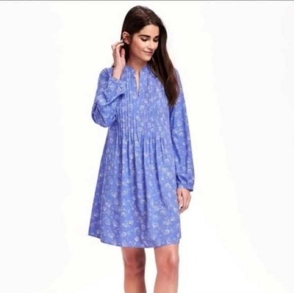 Old Navy Periwinkle Blue Pintuck Swing Tunic Long Sleeve Floral Mini Dress NWOT - Picture 1 of 16